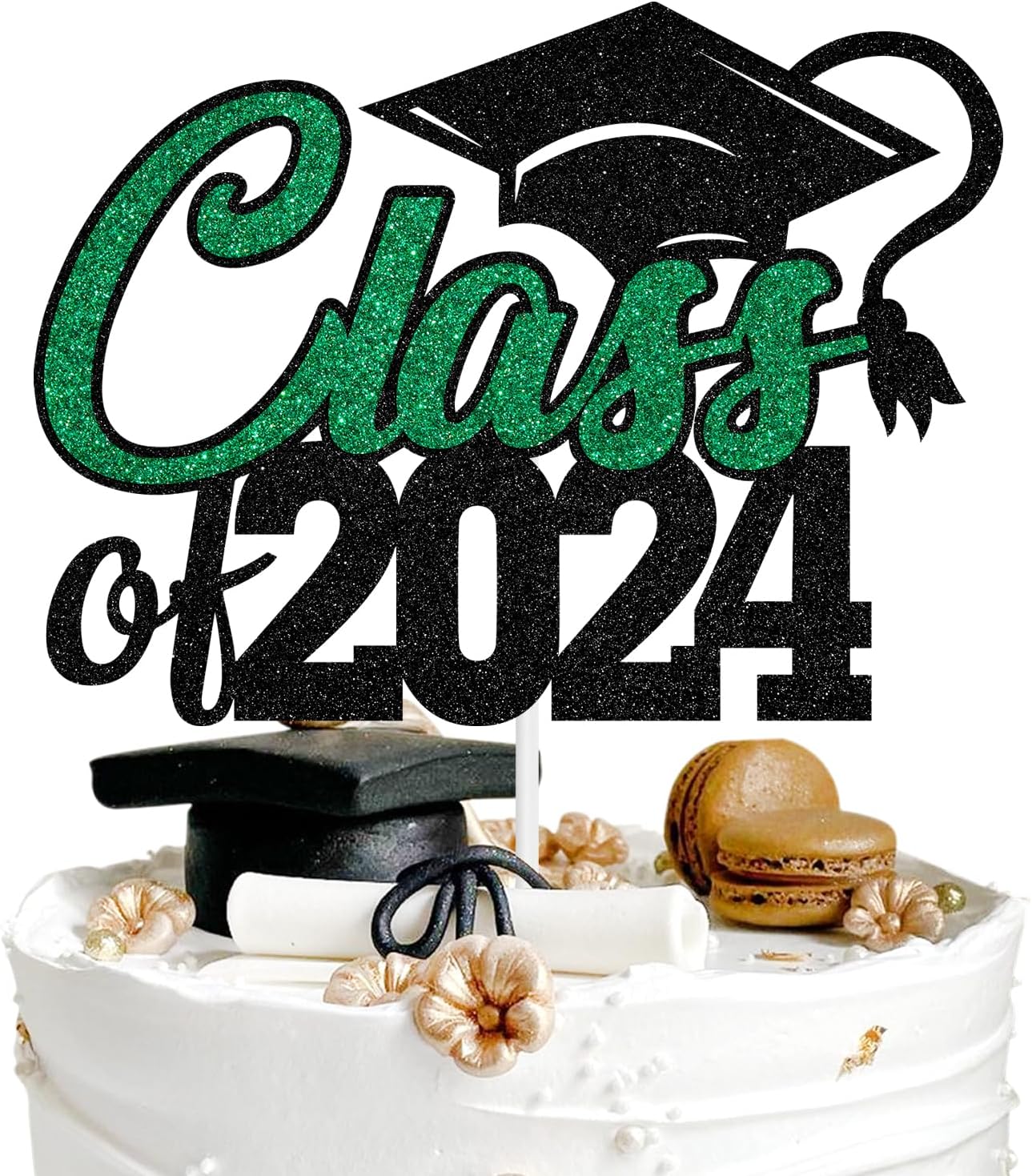 Aeryourtar Class of 2024 Cake Topper, Congrats Grad 2024 Graduation Cake Decor, High School/College Graduate Celebration Party Decoration Supplies, Black and Green Glitter