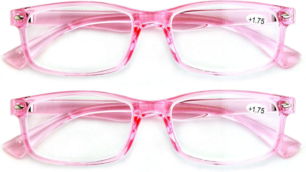 2 Pairs Casual Rectangular Reading Glasses - Stylish Simple Readers Magnification Transparent Blue Red Clear