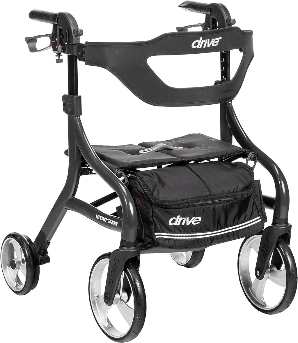 Drive Medical Nitro Sprint Foldable Rollator Walker with Seat, Petite Height Lightweight Rollator with Large Wheels, Folding Rollator, Short Rolling Walker for Seniors and Adults, Black