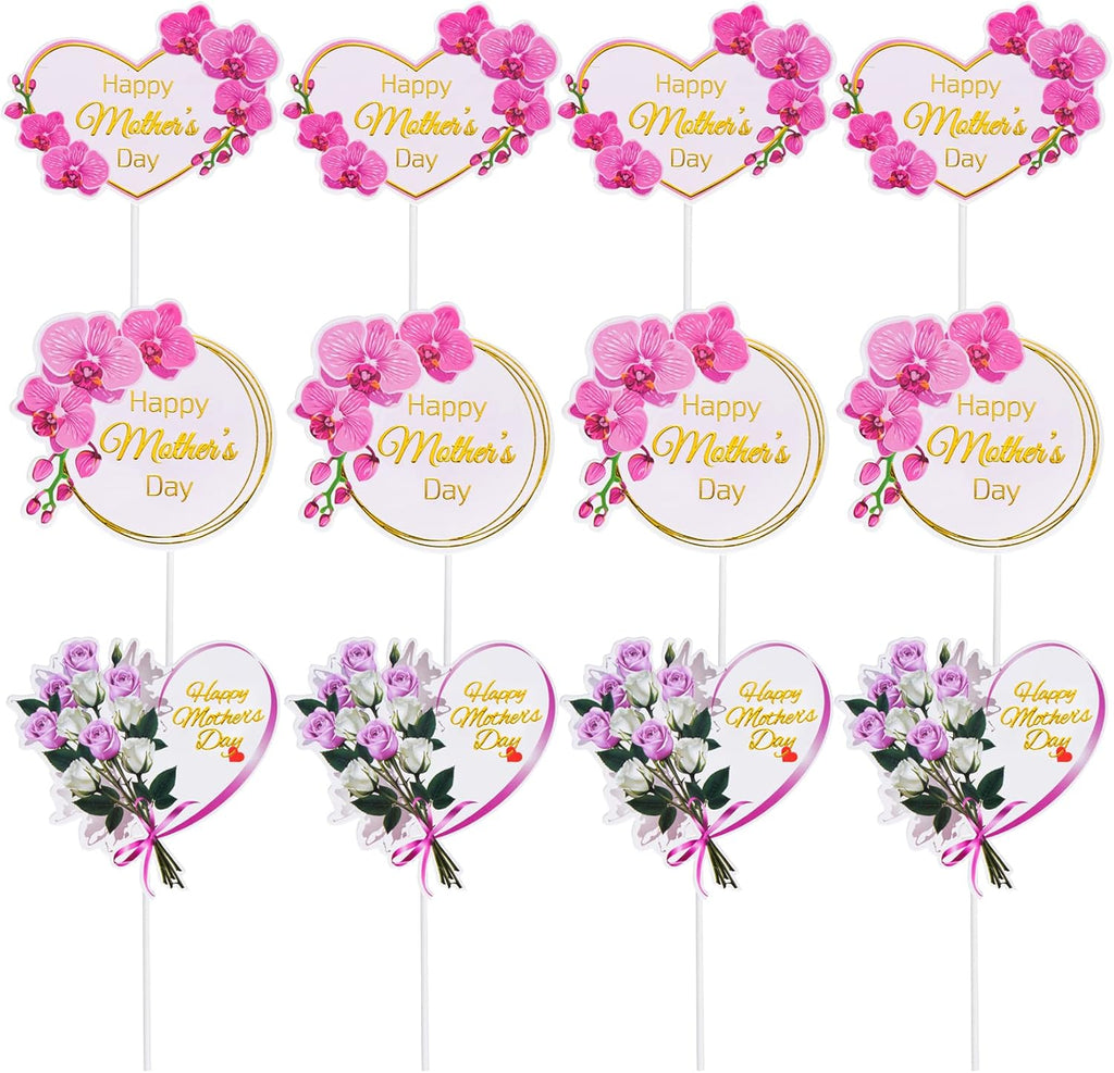 SUMERSHA 12 Pieces Happy Mother's Day Cake Toppers Flower Cupcake Topper for Mother's Day Birthday Cake Decoration Party Supplies, 3 Styles