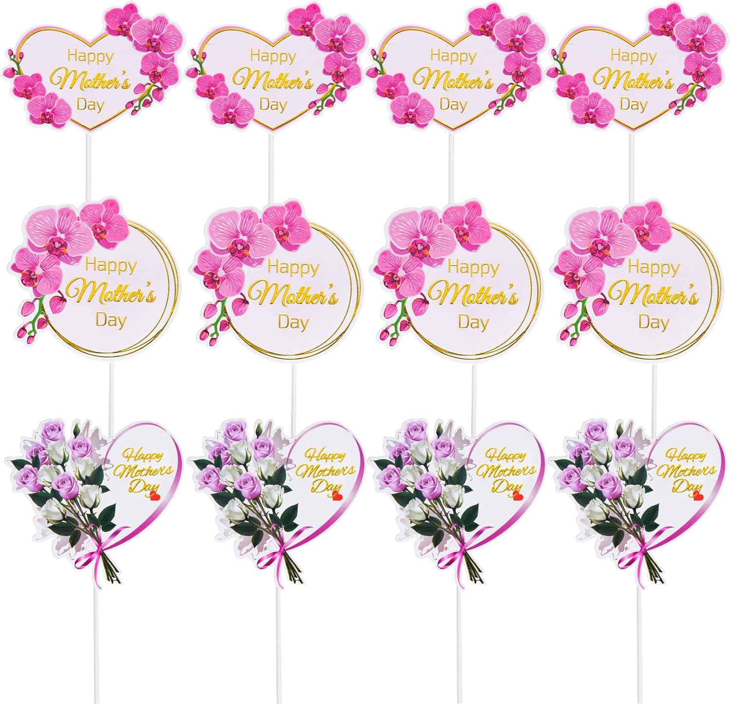 SUMERSHA 12 Pieces Happy Mother's Day Cake Toppers Flower Cupcake Topper for Mother's Day Birthday Cake Decoration Party Supplies, 3 Styles