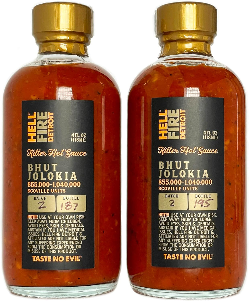Hell Fire Detroit Bhut Jolokia (aka Ghost) Hot Sauce (Superhot), Limited Edition, Crafted with Fresh, Fire-Roasted Bhut Jolokia Chile Peppers, All-Natural, Vegan, Gluten-Free, Low Sodium – 4 Fl Oz (Pack of 2)