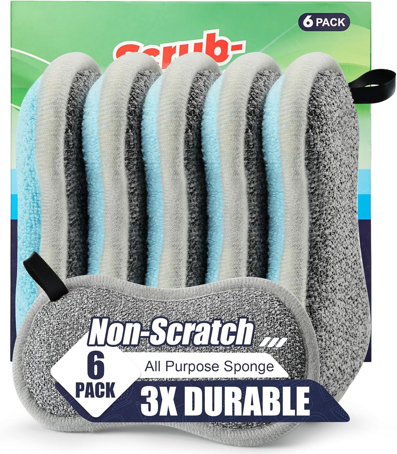 Dual Sided All-Purpose Sponges Kitchen,Dish Sponge for Washing Dishes Cleaning Kitchen,Non Scratch,Rough Scrubbers for Non-Stick Cookware, Soft Microfiber Scrub for Dishes(Bule,6Pack)