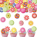 36PCS Edible Candyland Cupcake Toppers Wafer Paper Lollipop Garland Cupcake Decor Wafer Sheet Edible Candy Dessert Picks for Sweet Candy Theme Birthday Baby Shower Party Decor
