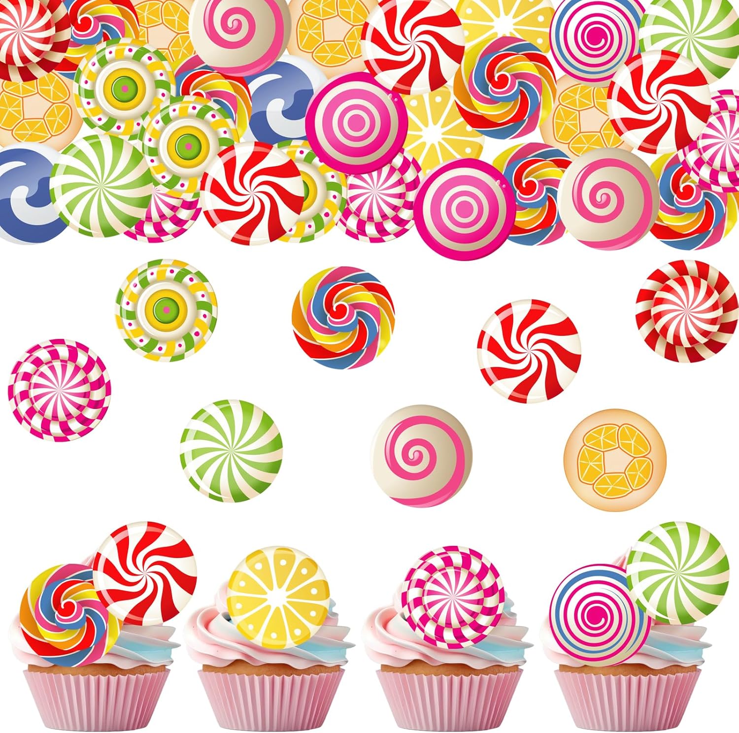 36PCS Edible Candyland Cupcake Toppers Wafer Paper Lollipop Garland Cupcake Decor Wafer Sheet Edible Candy Dessert Picks for Sweet Candy Theme Birthday Baby Shower Party Decor