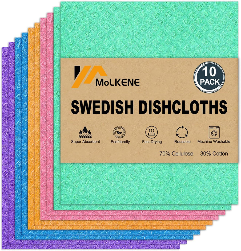Swedish Dish Cloths - 10 Pack Reusable Kitchen Dishcloths - Ultra Absorbent Dish Towels for Washing Dishes - Cellulose Sponge Cloth Cleaning Rag - Assorted
