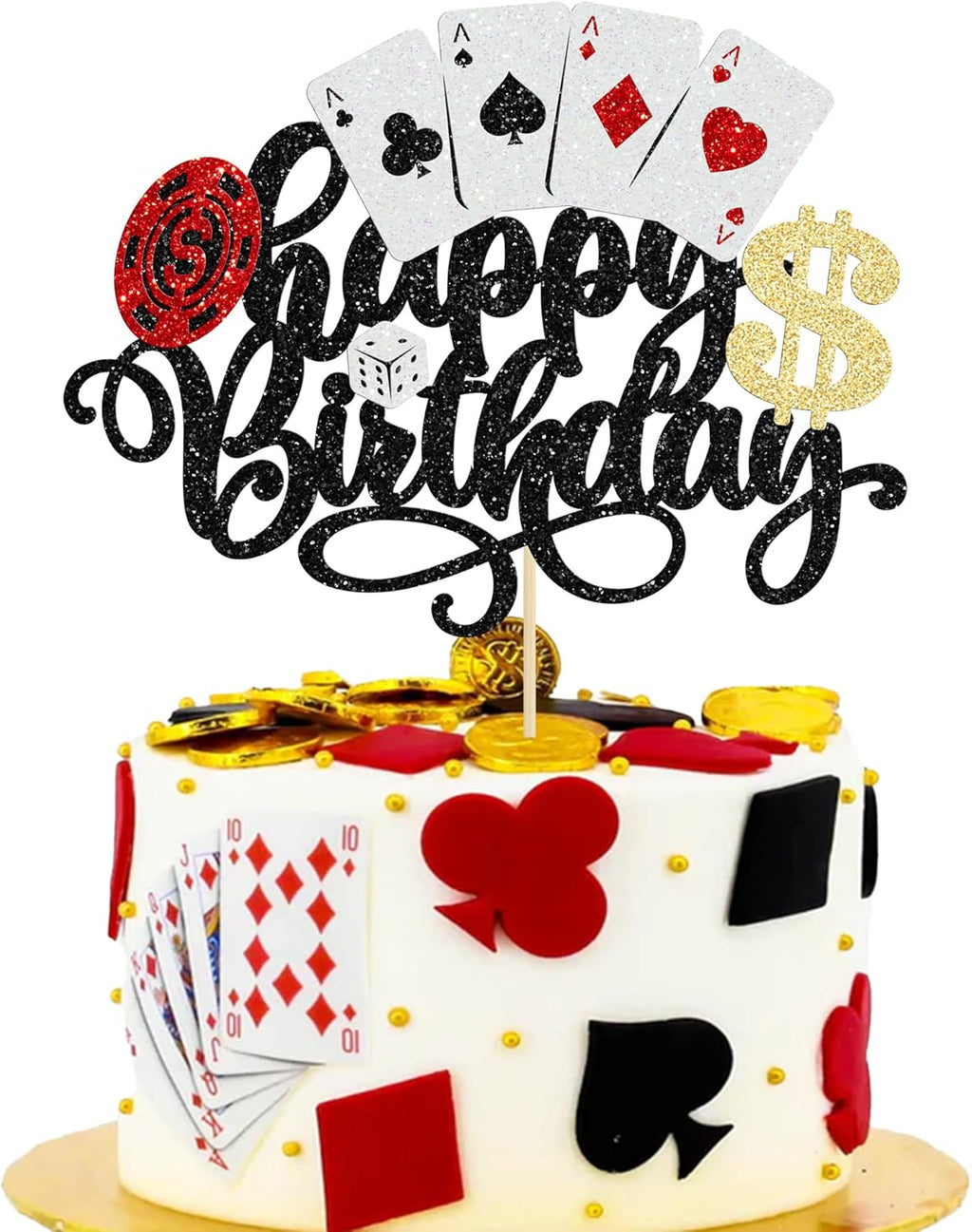 Ephlyn 1Pcs Casino Cake Topper Poker Game Chips Player Happy Birthday Cake Pick Decorations for Las Vegas Casino Night Theme Birthday Party Supplies