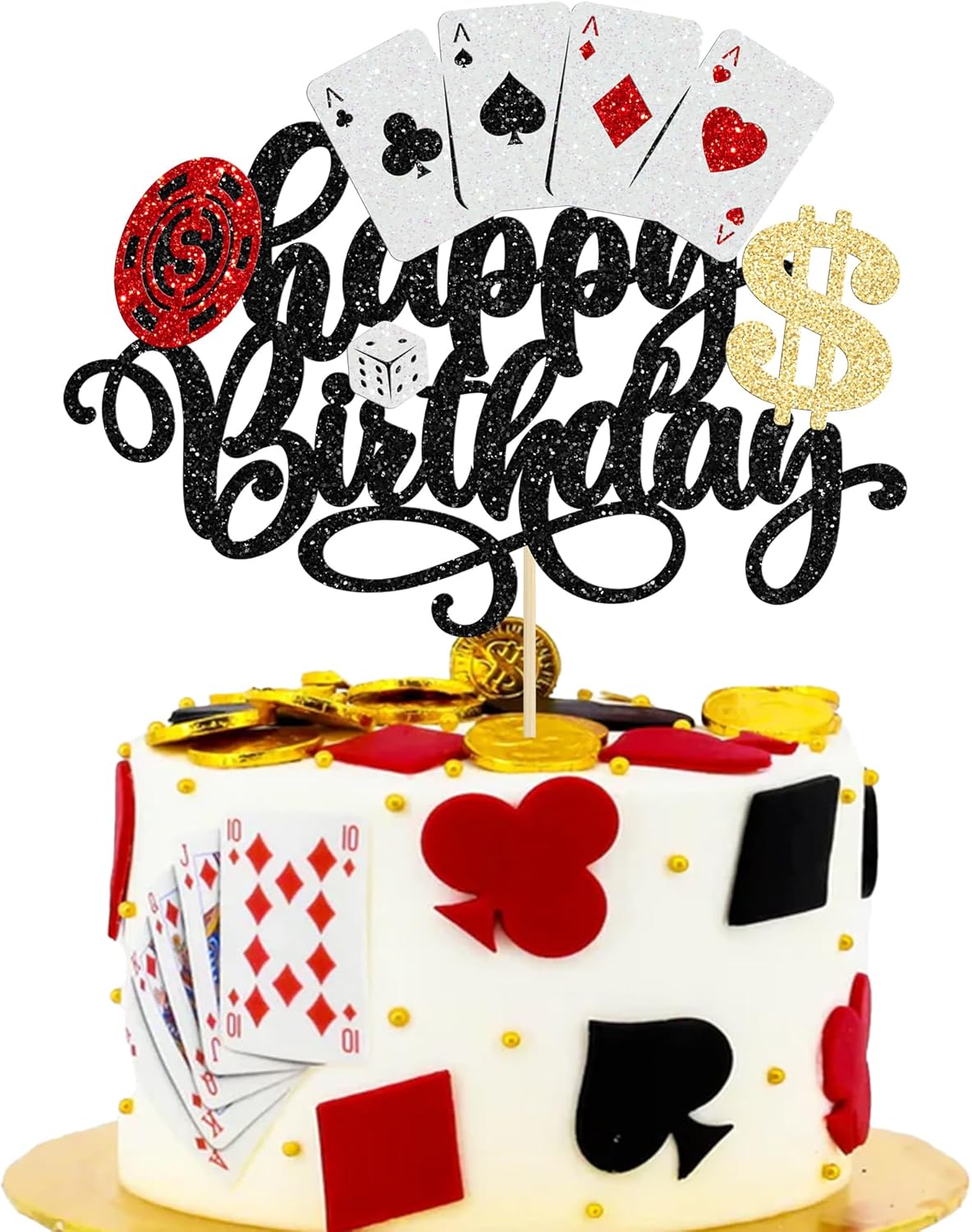 Ephlyn 1Pcs Casino Cake Topper Poker Game Chips Player Happy Birthday Cake Pick Decorations for Las Vegas Casino Night Theme Birthday Party Supplies