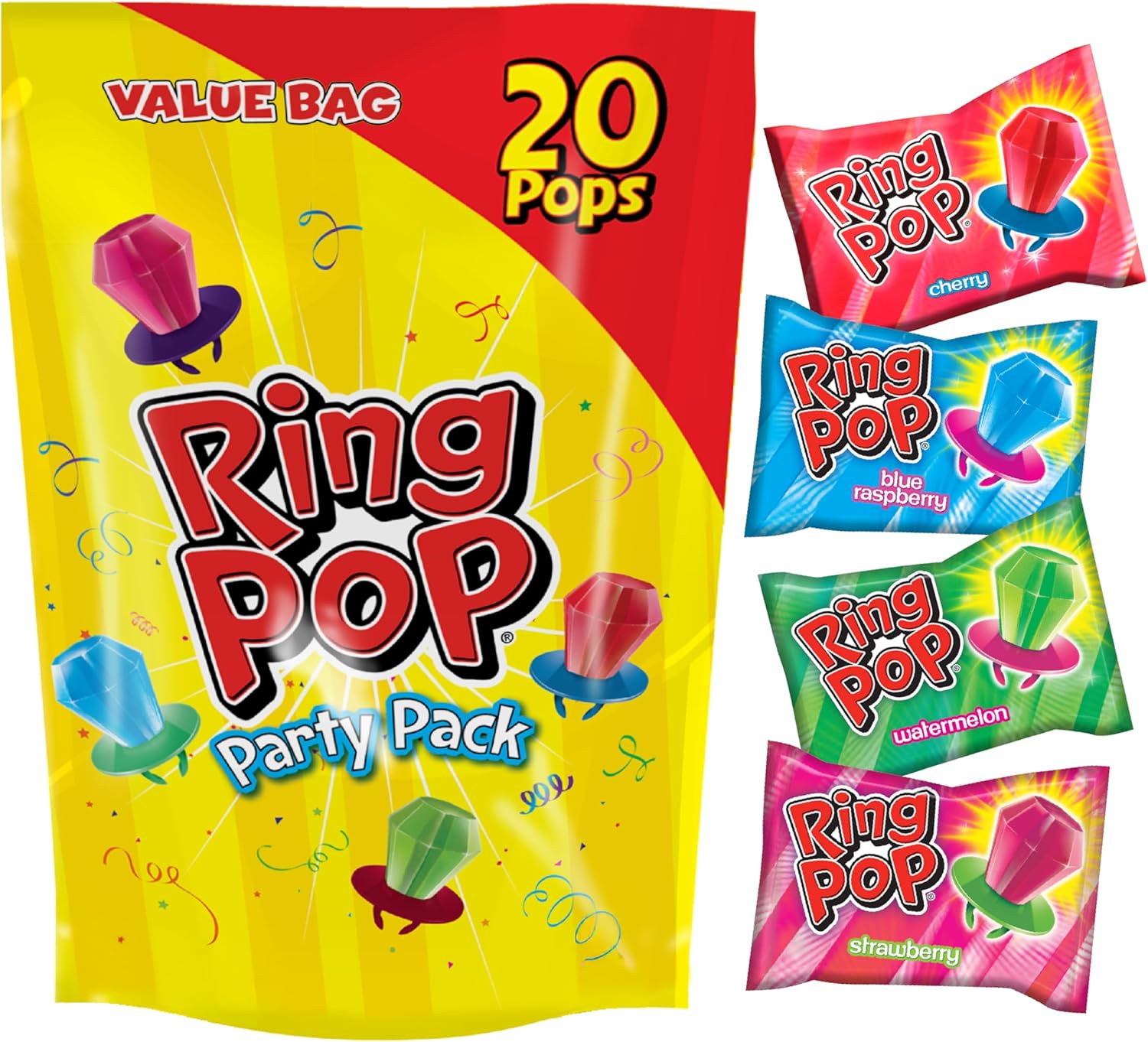 Ring Pop Lollipops - Bulk Candy Individually Wrapped Suckers Variety Party Pack- 20 Count w/Assorted Flavors - Hard Candy for Party Favors, Kids & Goodie Bags
