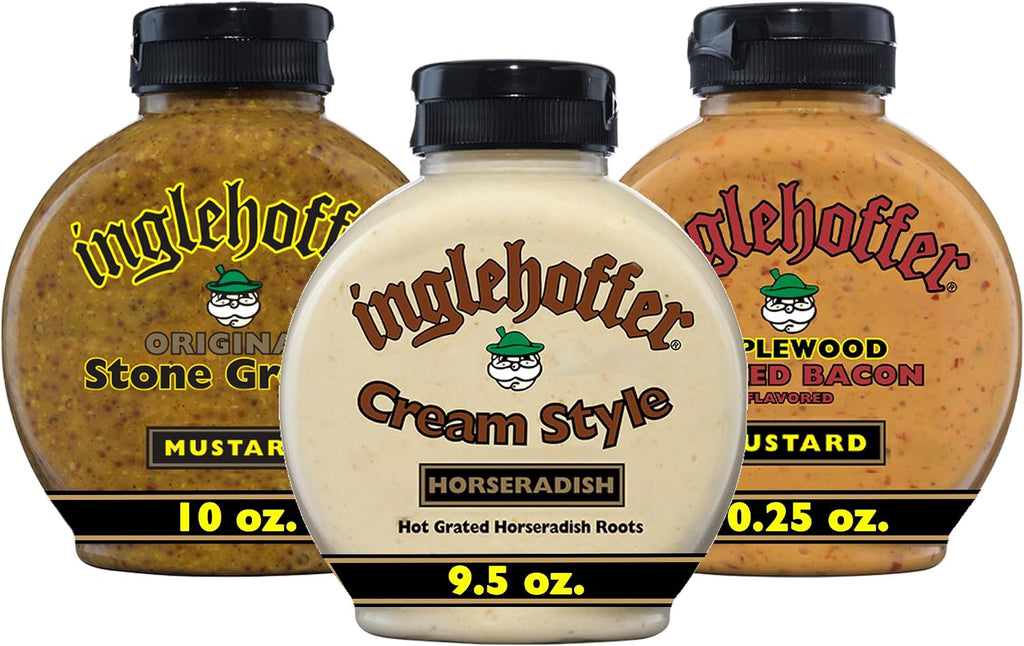 Inglehoffer Condiment Variety Pack, Stone Ground Mustard, Cream Style Horseradish and Applewood Smoked Bacon Mustard (Pack of 3)
