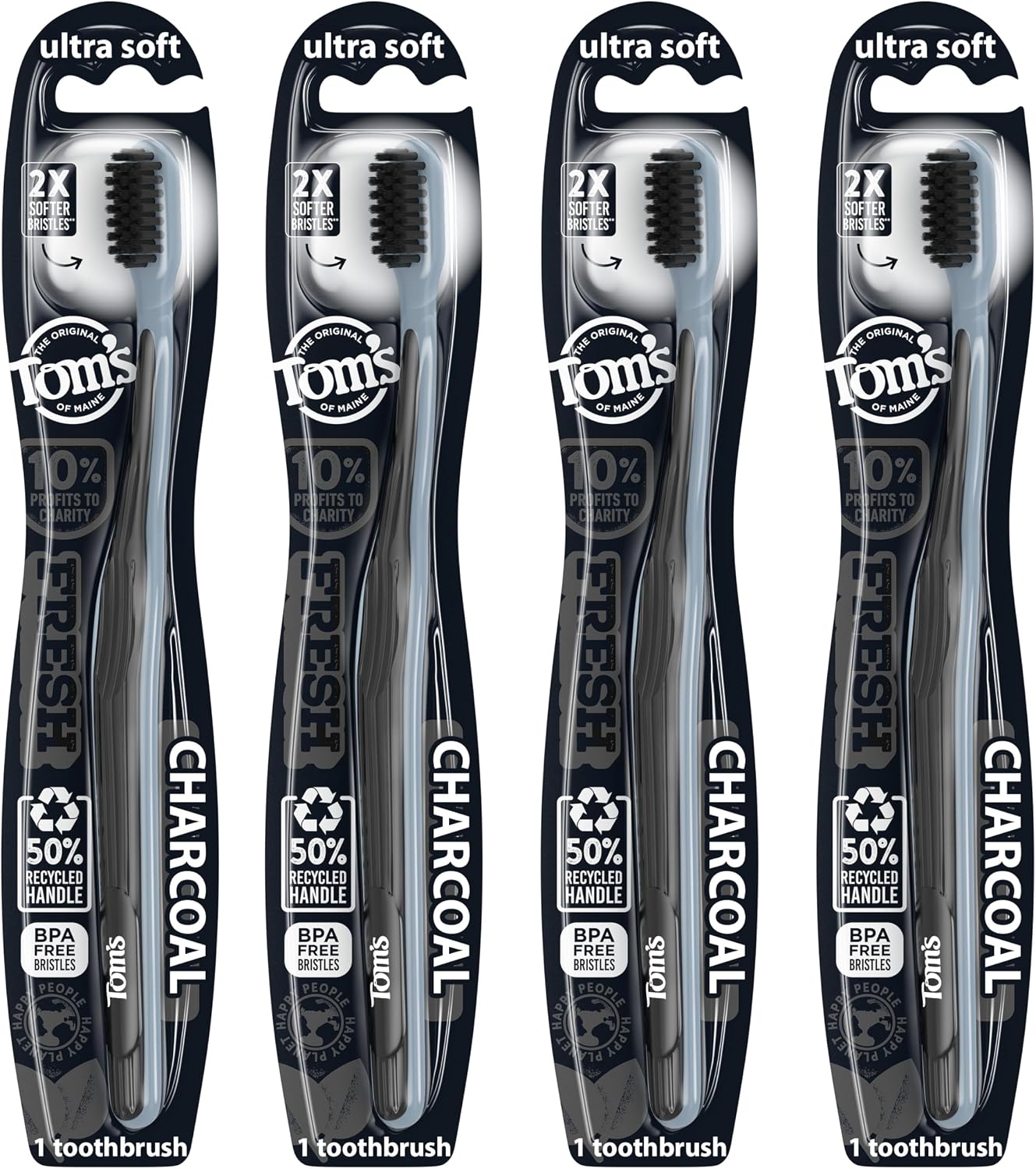 Tom's Of Maine Gentle Charcoal Toothbrush, Soft, 4-Pack (Packaging May Vary)