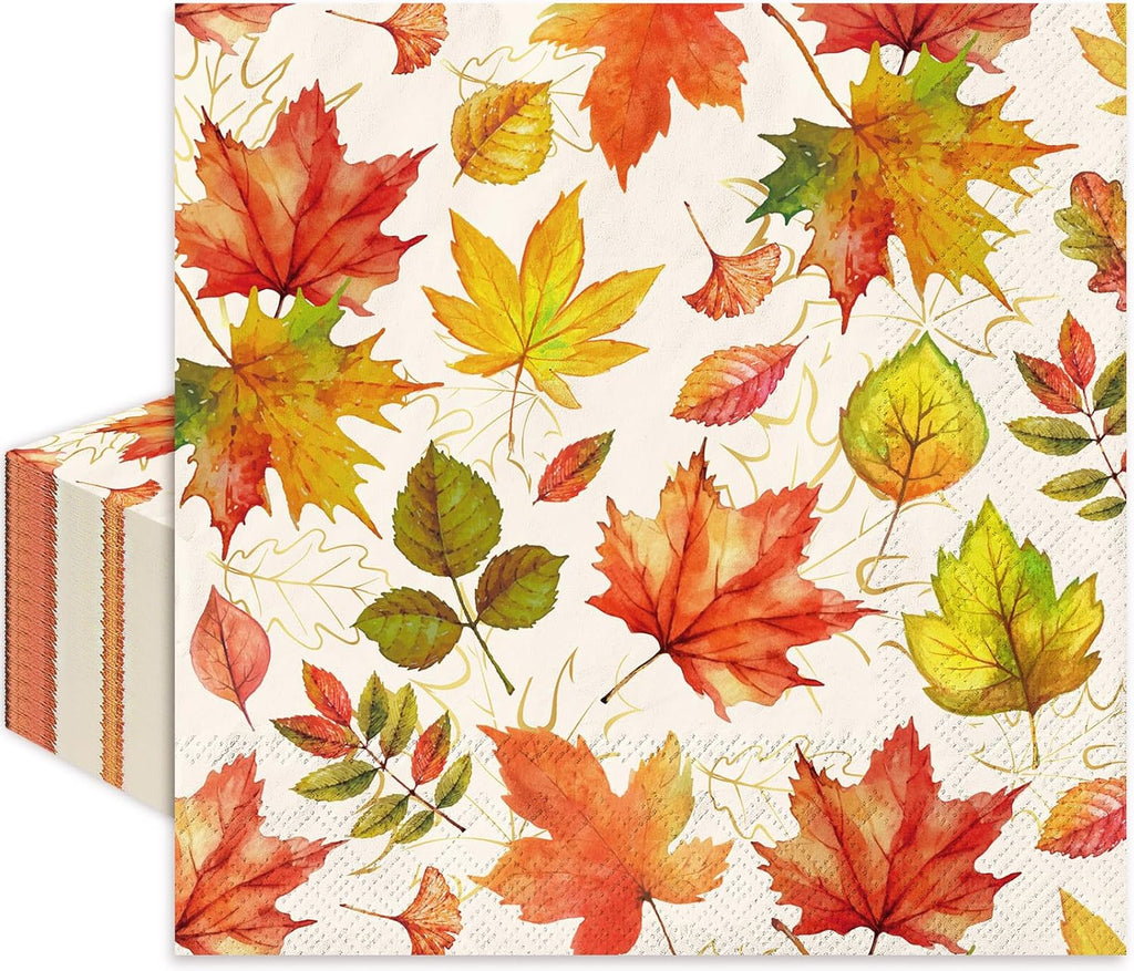 JarThenaAMCS 100Pcs Fall Thanksgiving Paper Napkins Maple Leaves Disposable Luncheon Napkins Autumn Holiday Dinner Hand Napkins for Harvest Party Supplies Tableware Decor, 6.5 x 6.5 Inch