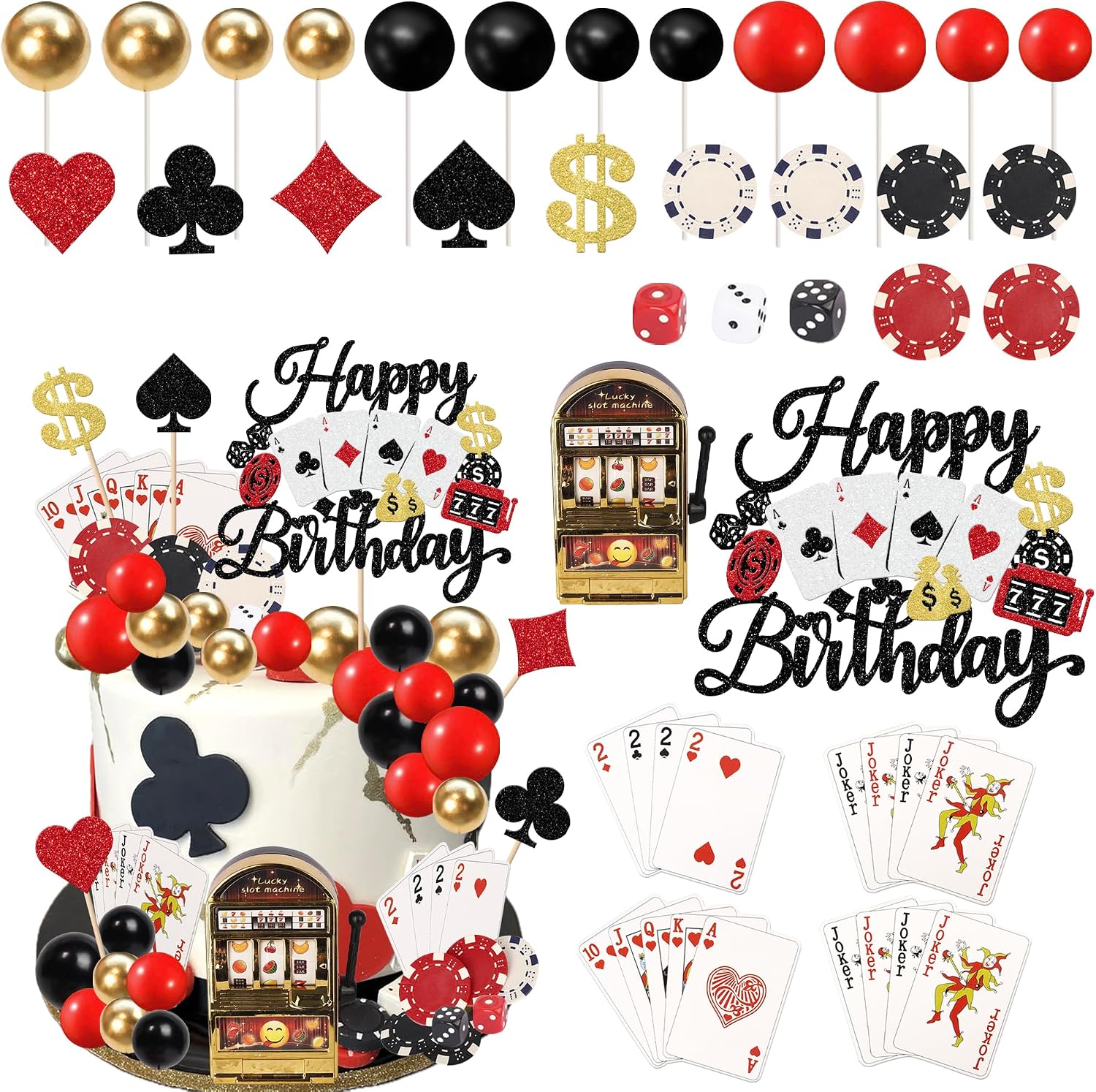 Rsstarxi Casino Party Cake Topper Decoration with Mini Slot Machine Poker Chips Cake Decoration for Las Vegas Casino Night Theme Birthday Party Cake Decorations Supplies