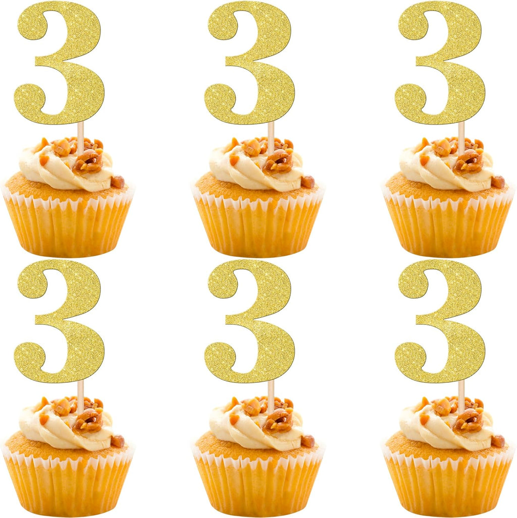 30 PCS Number 3 Cupcake Toppers Glitter 3rd Birthday Cupcake Picks Age Three Cheers to 3 Years Old Cake Decorations for Baby Shower Kids Happy Third Birthday Anniversary Party Supplies Gold