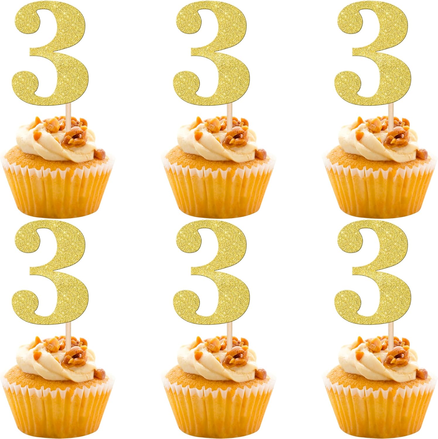 30 PCS Number 3 Cupcake Toppers Glitter 3rd Birthday Cupcake Picks Age Three Cheers to 3 Years Old Cake Decorations for Baby Shower Kids Happy Third Birthday Anniversary Party Supplies Gold