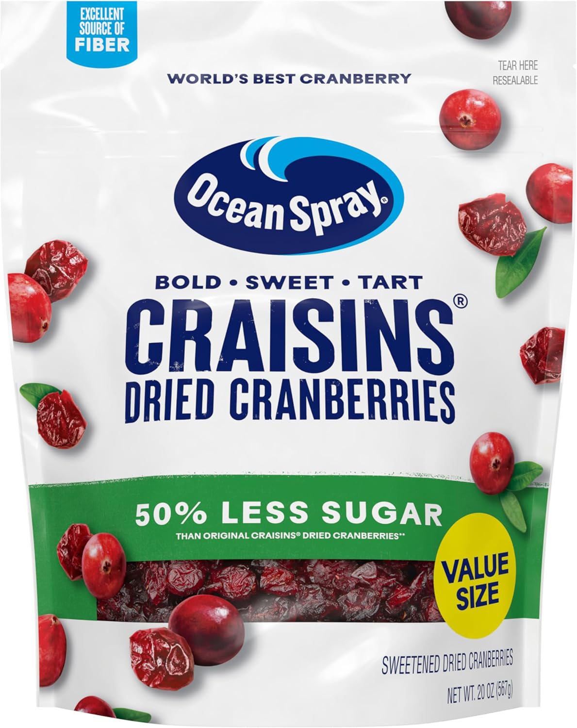 Ocean Spray® Craisins®, 50% Less Sugar Dried Cranberries, Dried Fruit, 20 Oz Pouch