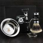4 Pc Mens Shaving Kit 3 Edge Razor With Silver Tip Badger Hair Shaving Brush, Stand and Stainless Steel Bowl Perfect Set For Men