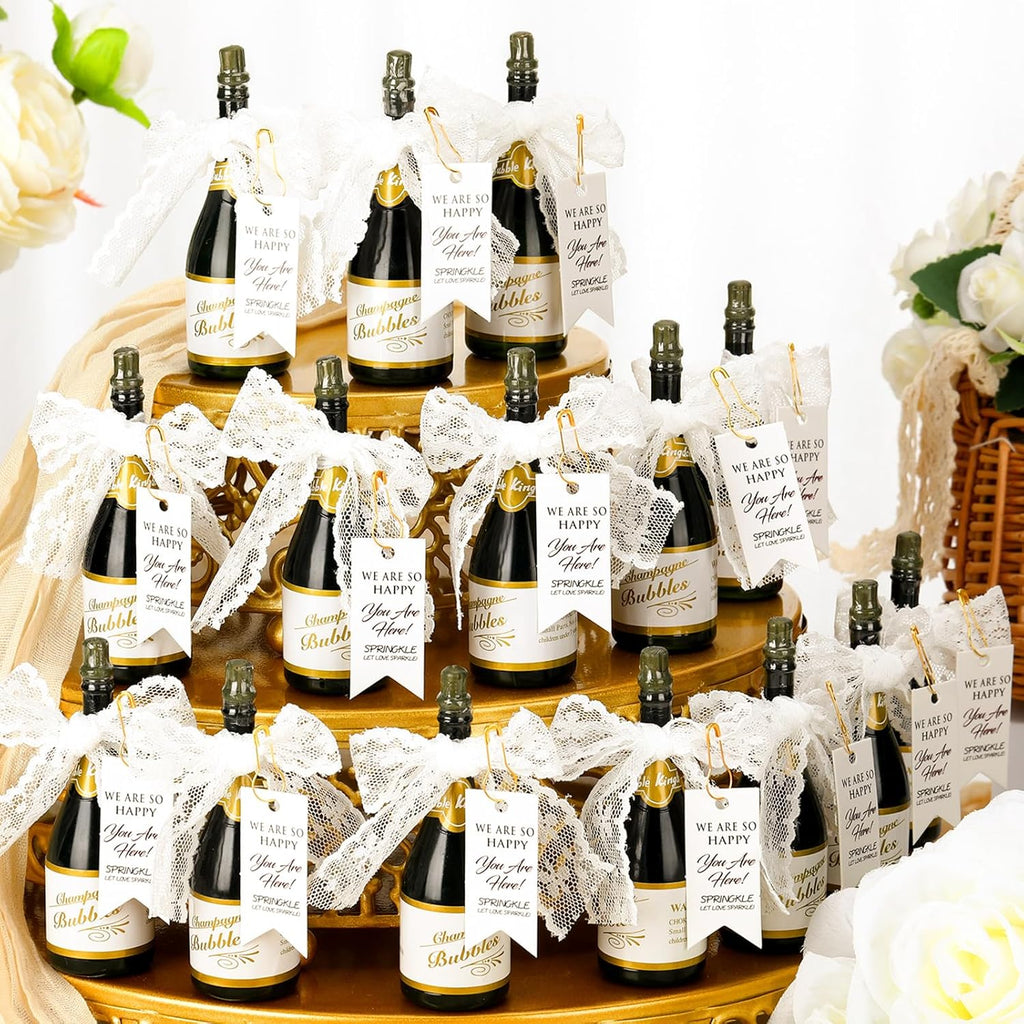 20 Pcs Mini Champagne Bubbles Wedding Favor Bulk Small Champagne Bottle Shaped Bubbles with Ribbons Gold Pins and Cards for Wedding Send Off Bridal Shower Celebration