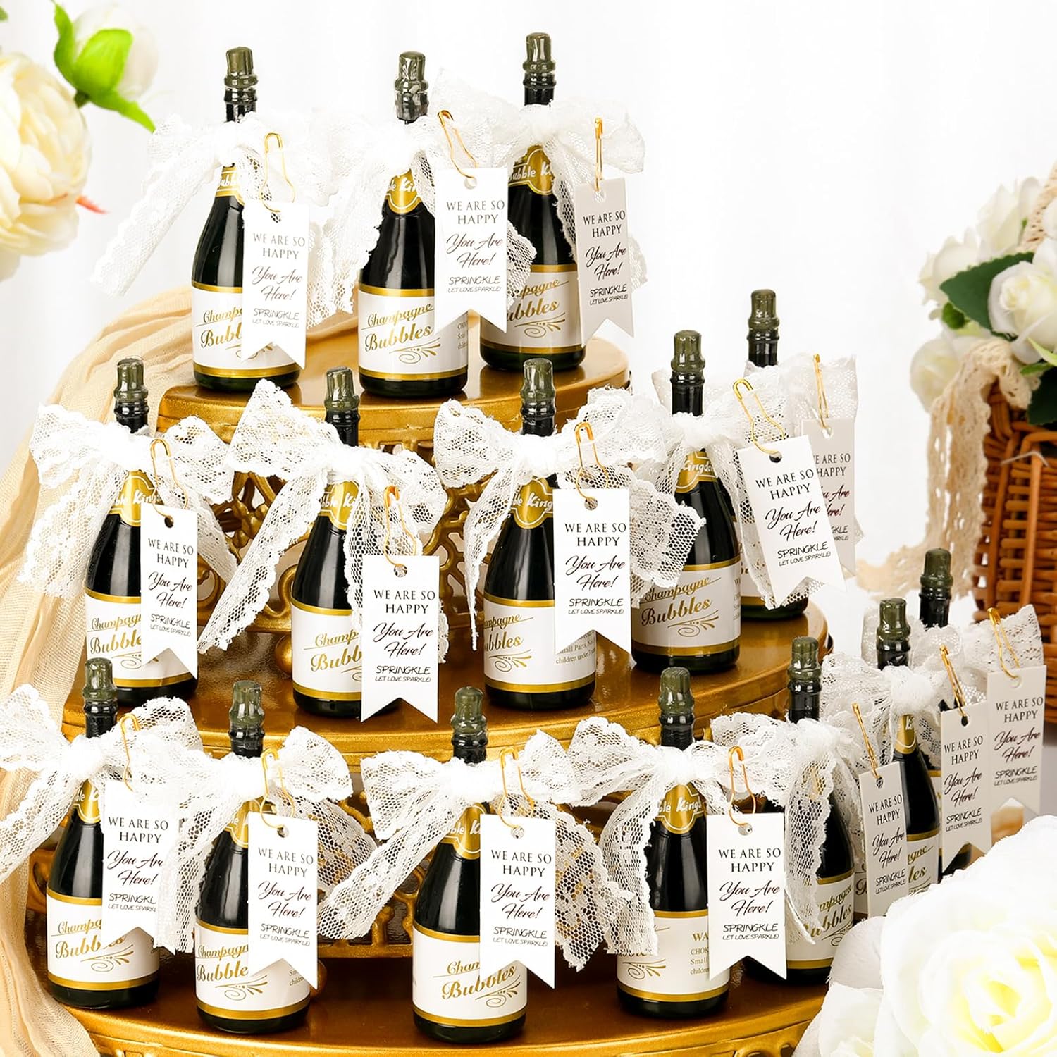 20 Pcs Mini Champagne Bubbles Wedding Favor Bulk Small Champagne Bottle Shaped Bubbles with Ribbons Gold Pins and Cards for Wedding Send Off Bridal Shower Celebration