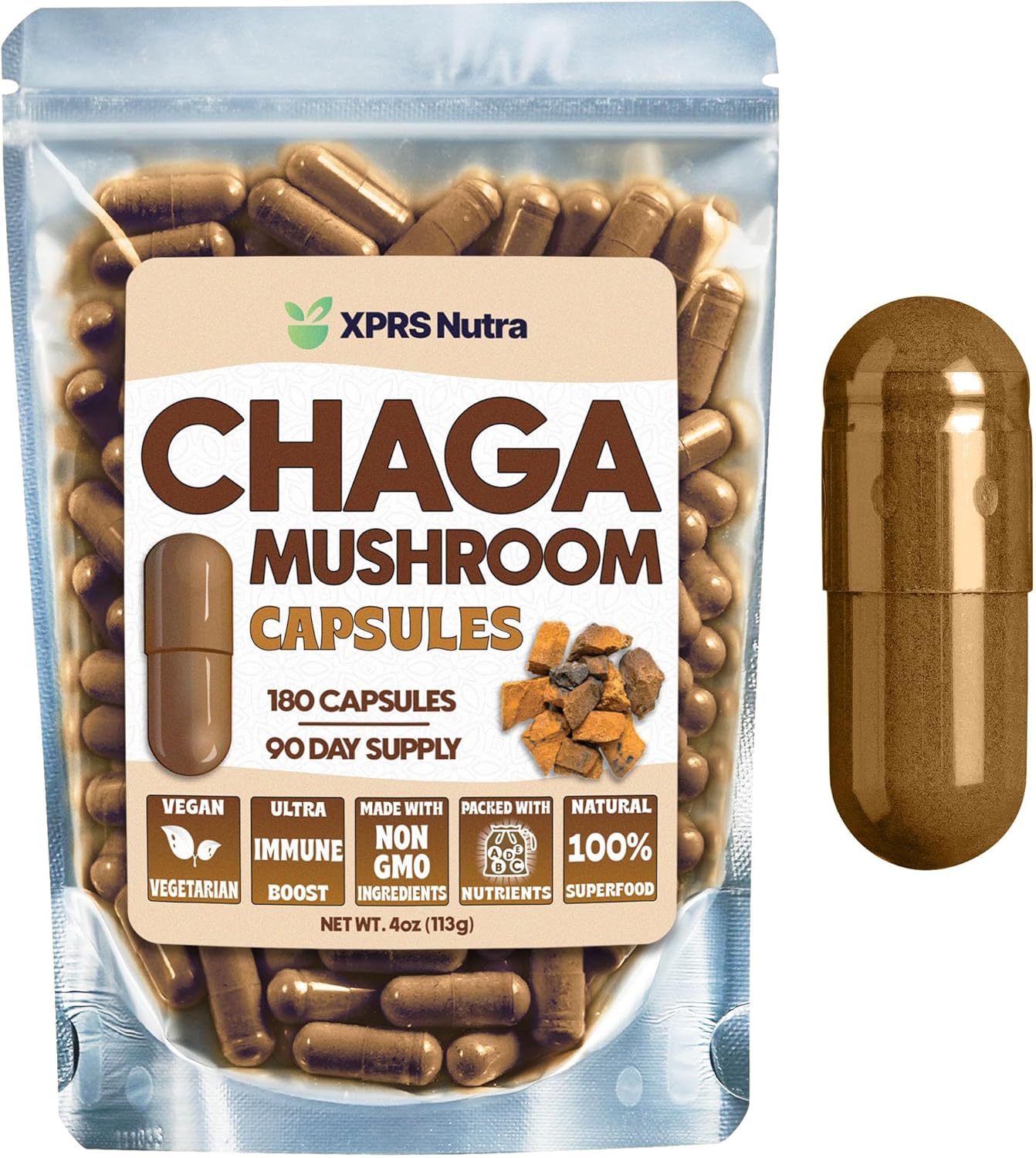 XPRS Nutra Chaga Mushroom Capsules - Premium Chaga Mushrooms Capsules- Encapsulated Chaga Mushroom Powder for an Immunity Boost - Vegan Friendly Superfood for Chaga Tea and Beverages - 180 Count