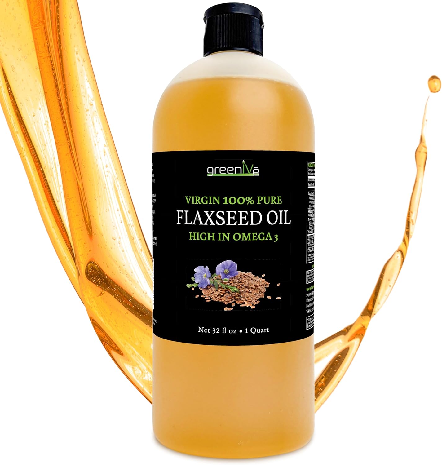 GreenIVe Flax Seed Oil 100% Pure Cold Pressed – Grown in USA, High Vegan Omega 3 6 9 Fatty Acids – Premium Flaxseed Oil – Non-GMO, (32 Fl Oz)