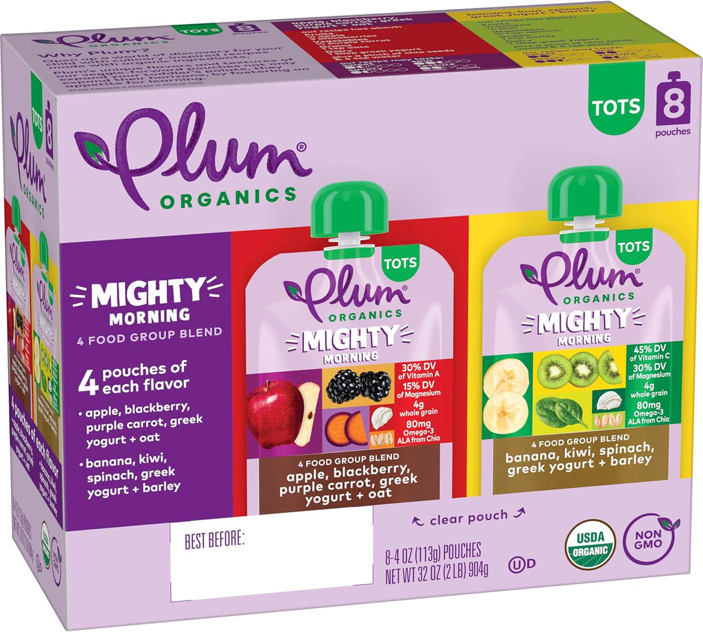 Variety Pack 8ct 4oz Pouch Mighty Morning Food Group Blend Tots - Apple, Blackberry, Purple, Carrot, Greek Yogurt, Oat + Banana, Kiwi, Spinach, Greek Yogurt, Barley