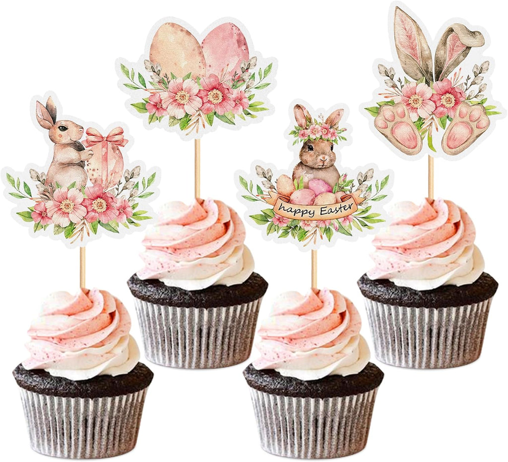 Ercadio 24Pcs Floral Easter Rabbit Bunny Ear Cupcake Toppers Rabbit Egg Happy Easter Cupcake Picks for Easter Day Spring Boys Girls Birthday Baby Shower Party Cake Cupcake Decors Supplies