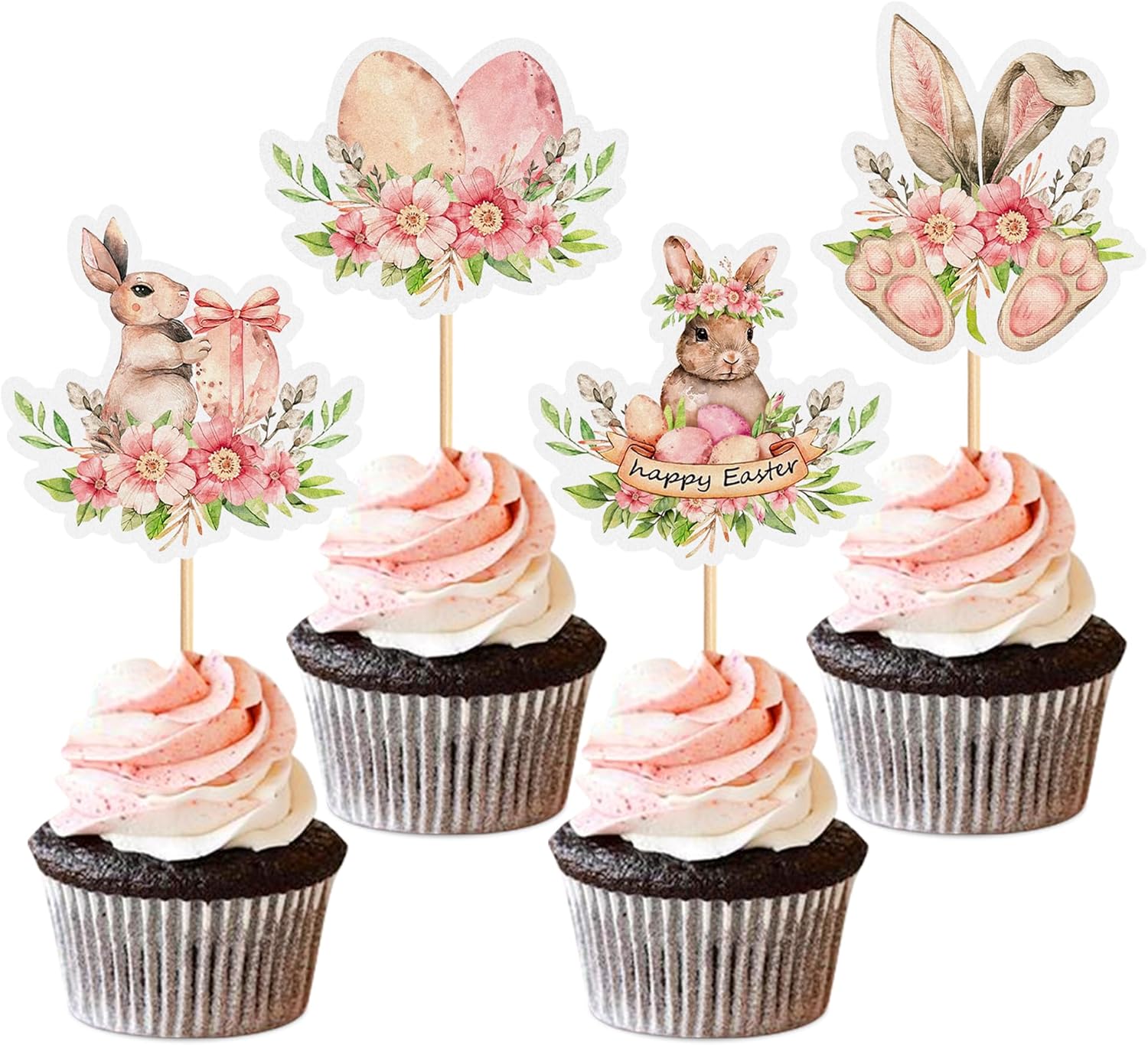 Ercadio 24Pcs Floral Easter Rabbit Bunny Ear Cupcake Toppers Rabbit Egg Happy Easter Cupcake Picks for Easter Day Spring Boys Girls Birthday Baby Shower Party Cake Cupcake Decors Supplies