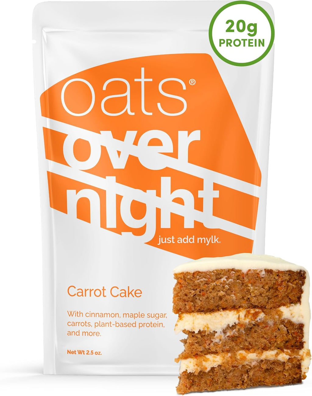 Oats Overnight Carrot Cake - Overnight Oats with 20g Whey Protein, High Fiber Breakfast Protein Shake - Gluten Free Oatmeal, Non GMO High Protein Oatmeal (2.5 oz per Meal) (8 Pack)