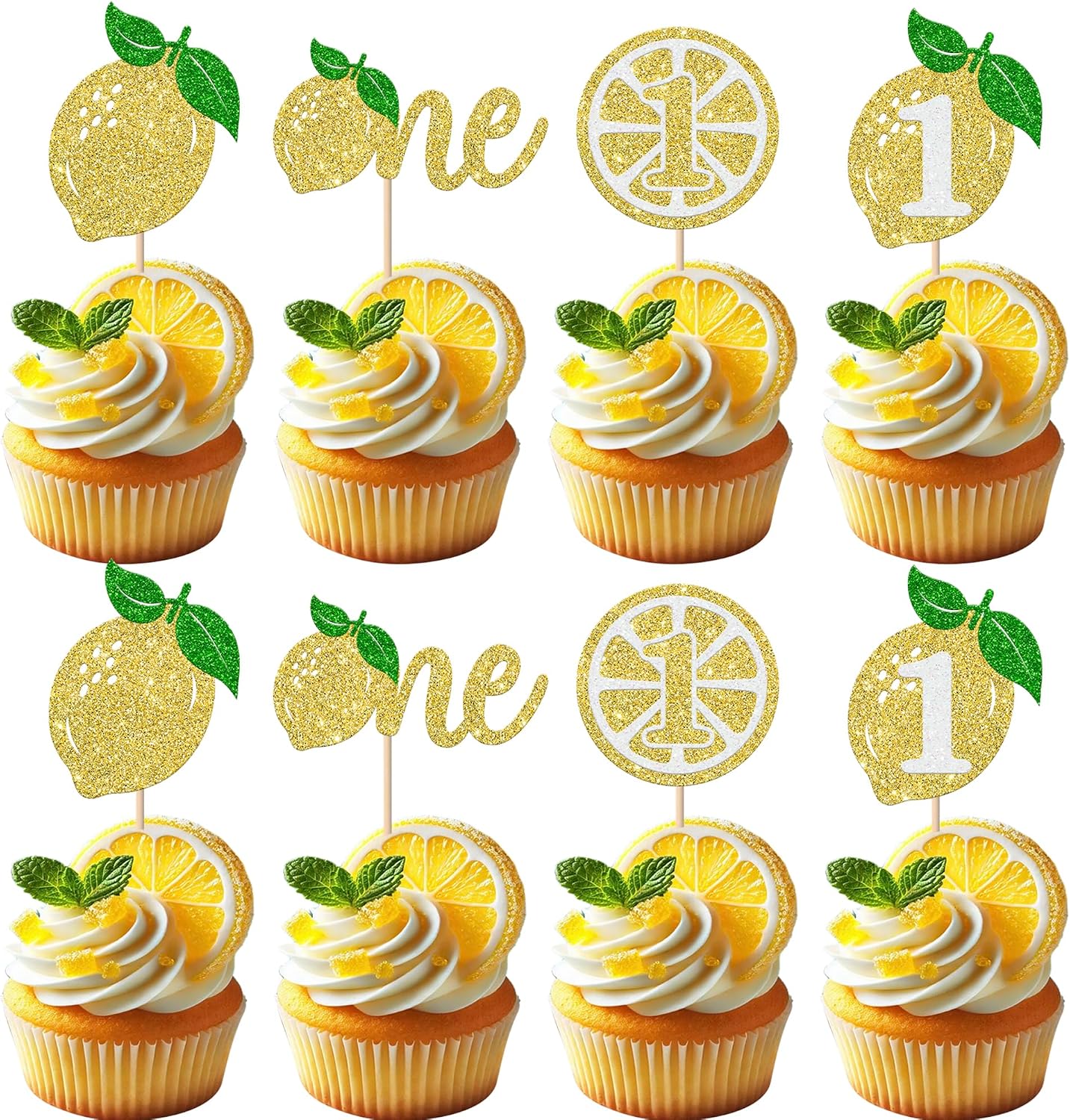 Rsstarxi 24 Pack Lemon One Cupcake Toppers Glitter Happy 1st Birthday Cupcake Picks for Baby Shower Happy First Birthday Party Cake Decorations Supplies
