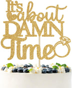 Gold Glitter It's About Damn Time Cake Topper, Happily Ever After/Till Death, Wedding Engagement/Bridal Shower/Anniversary Party Decorations Supplies