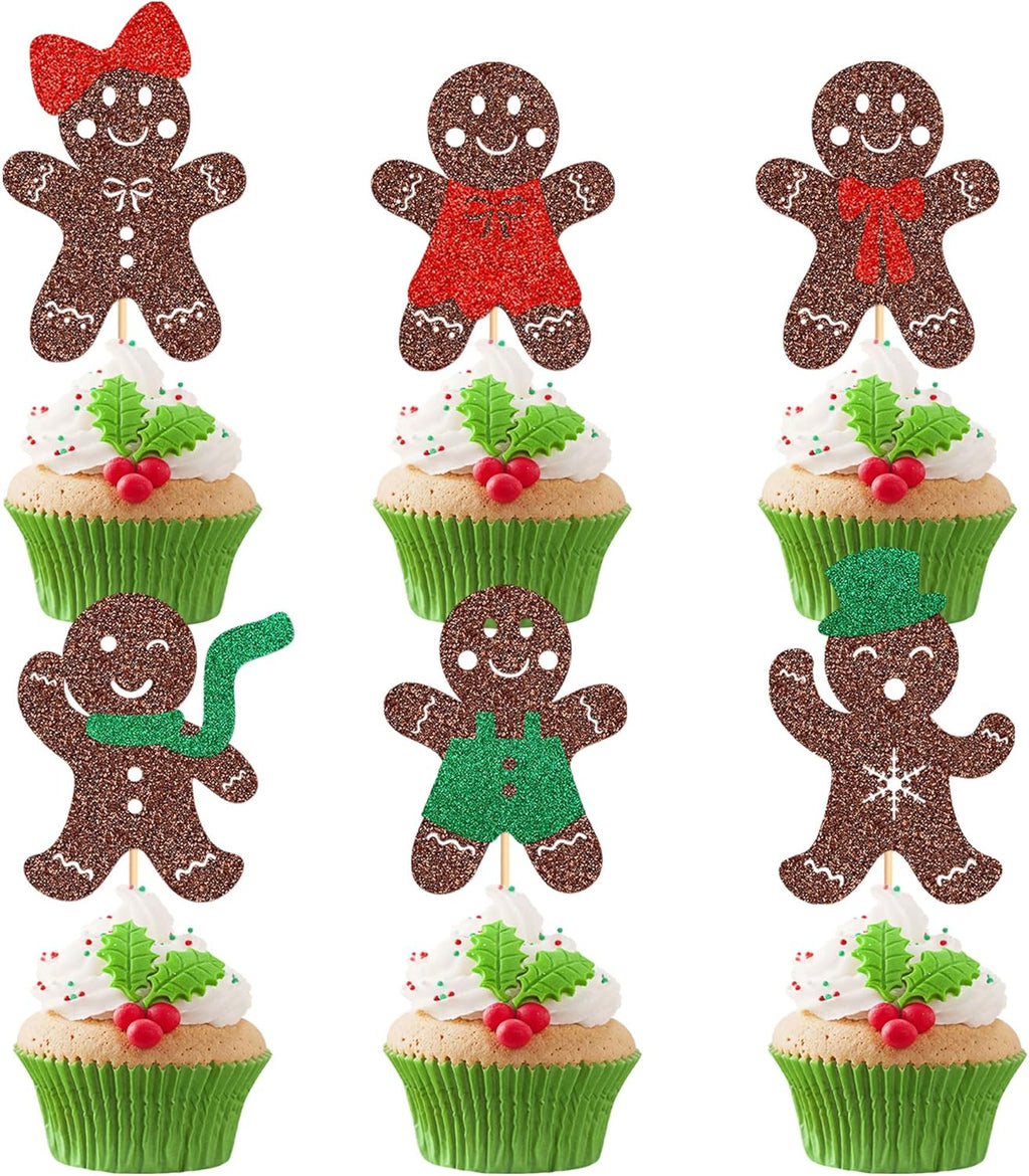 Ercadio 24 Pack Christmas Gingerbread Cupcake Toppers Glitter Cupcake Picks Xmas Cake Decor for Christmas Theme Baby Shower Party Supplies