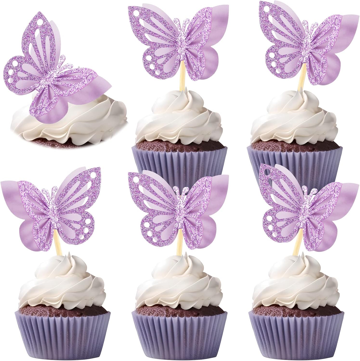 Chinco 48 Pcs Butterfly Cupcake Toppers Assembled Double Layer Cupcake Topper 3D Glitter Cake Topper Butterfly Cocktail Pick Decoration for Baby Shower Birthday Wedding(Purple,Classic Style)