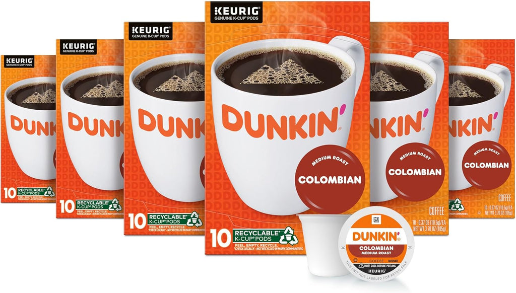 Dunkin’ Colombian Medium Roast Coffee, Keurig K-Cup Pods, 10 Count Boxes (Pack of 6)