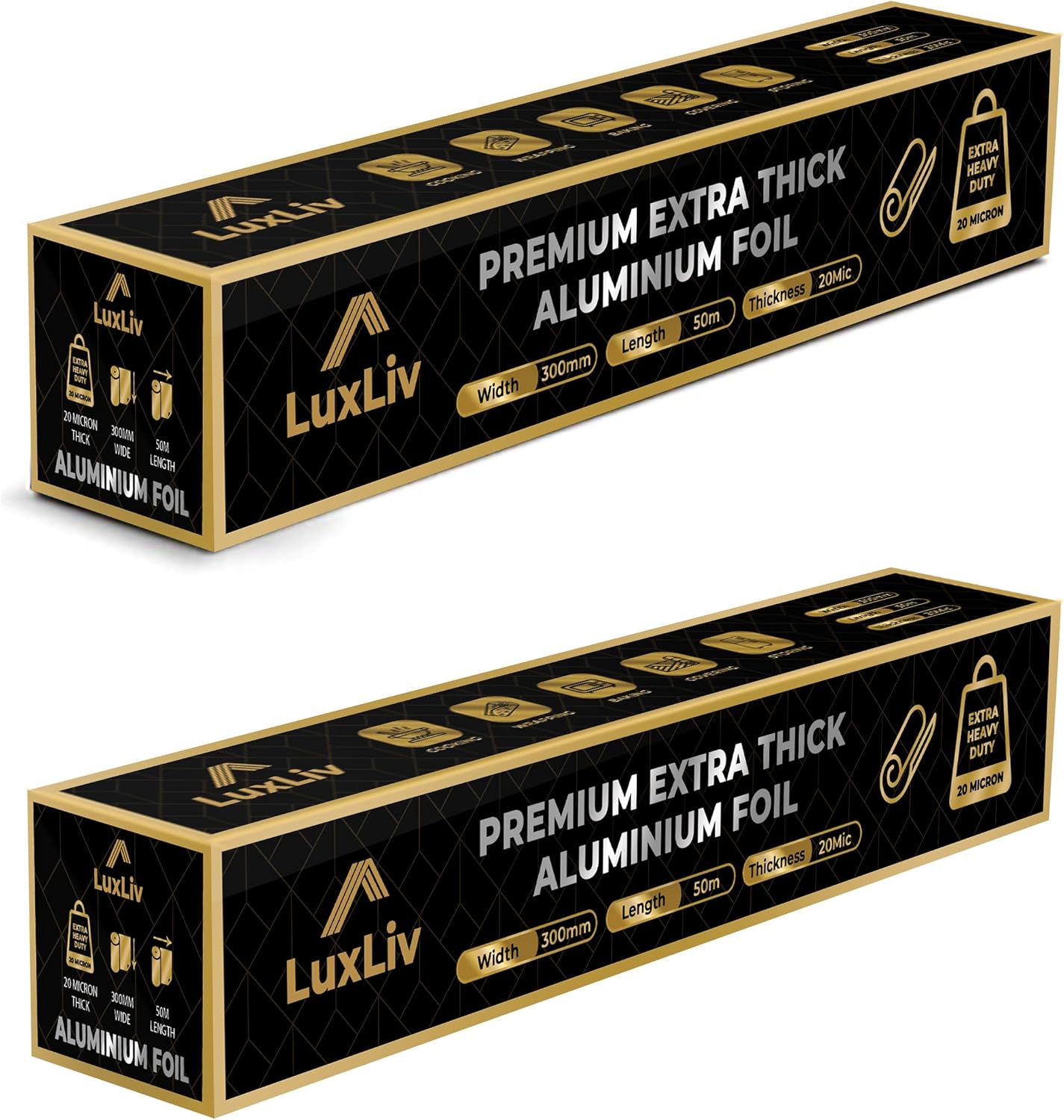 LuxLiv® Aluminum Foil Heavy Duty – 12 inches(30cm) wide x 164 ft.(50m) Length (each roll), 20 Microns Thick (Pack of 2) - Commercial Grade & Extra Thick, Strong Enough for Food Service Industry