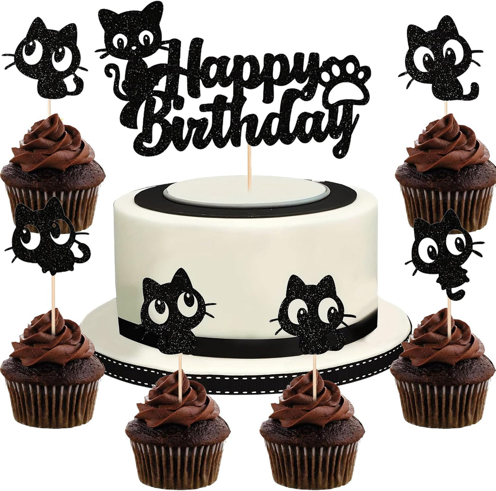 7Pcs Cat Happy Birthday Cake Topper – Black Glitter Kitten Cupcake Decoration for Cat Lovers, Baby Shower, Kids Birthday, Wedding Party Supplies