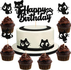 7Pcs Cat Happy Birthday Cake Topper – Black Glitter Kitten Cupcake Decoration for Cat Lovers, Baby Shower, Kids Birthday, Wedding Party Supplies