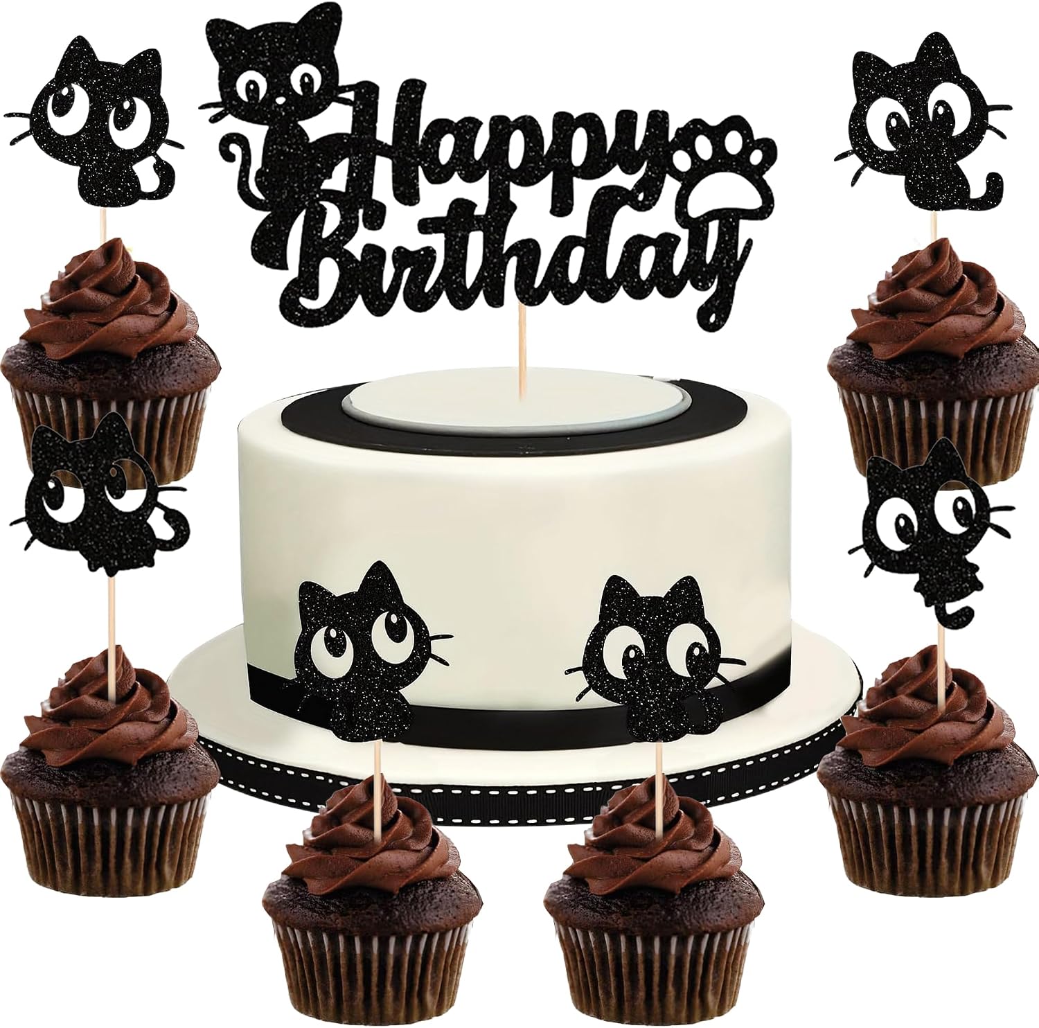 7Pcs Cat Happy Birthday Cake Topper – Black Glitter Kitten Cupcake Decoration for Cat Lovers, Baby Shower, Kids Birthday, Wedding Party Supplies