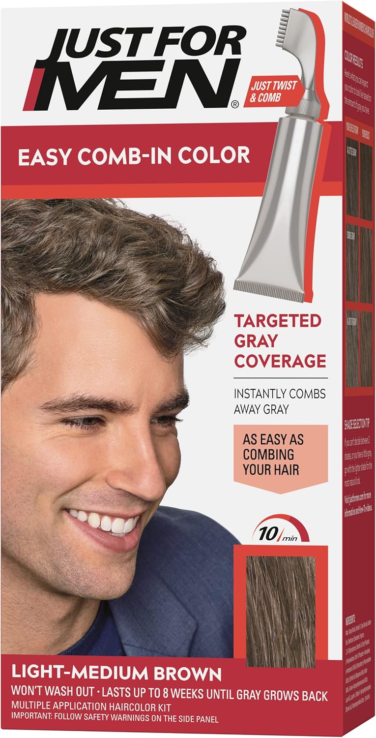Just For Men Easy Comb-In Color Mens Hair Dye, Easy No Mix Application with Comb Applicator - Light-Medium Brown, A-30, Pack of 1