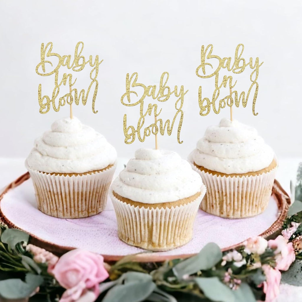 Baby In Bloom Cupcake Toppers - Glittered Paper Baby Shower Cake Decoration, Pregnancy Announcement Cup Cake Picks, 12 PCS Glitter Gold Baby In Bloom Toppers, Party Photo Props