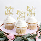 Baby In Bloom Cupcake Toppers - Glittered Paper Baby Shower Cake Decoration, Pregnancy Announcement Cup Cake Picks, 12 PCS Glitter Gold Baby In Bloom Toppers, Party Photo Props