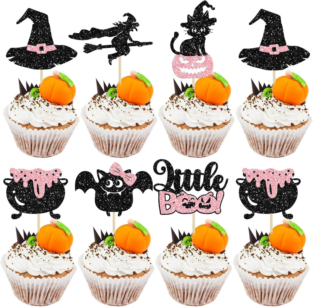 Gyufise 24Pcs Halloween Cupcake Toppers Glitter Pink Ghost Little Boo Bat Witch Cat Pumpkin Cupcake for Halloween Theme Baby Shower Birthday Party Cake Decorations Supplies