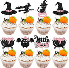 Gyufise 24Pcs Halloween Cupcake Toppers Glitter Pink Ghost Little Boo Bat Witch Cat Pumpkin Cupcake for Halloween Theme Baby Shower Birthday Party Cake Decorations Supplies