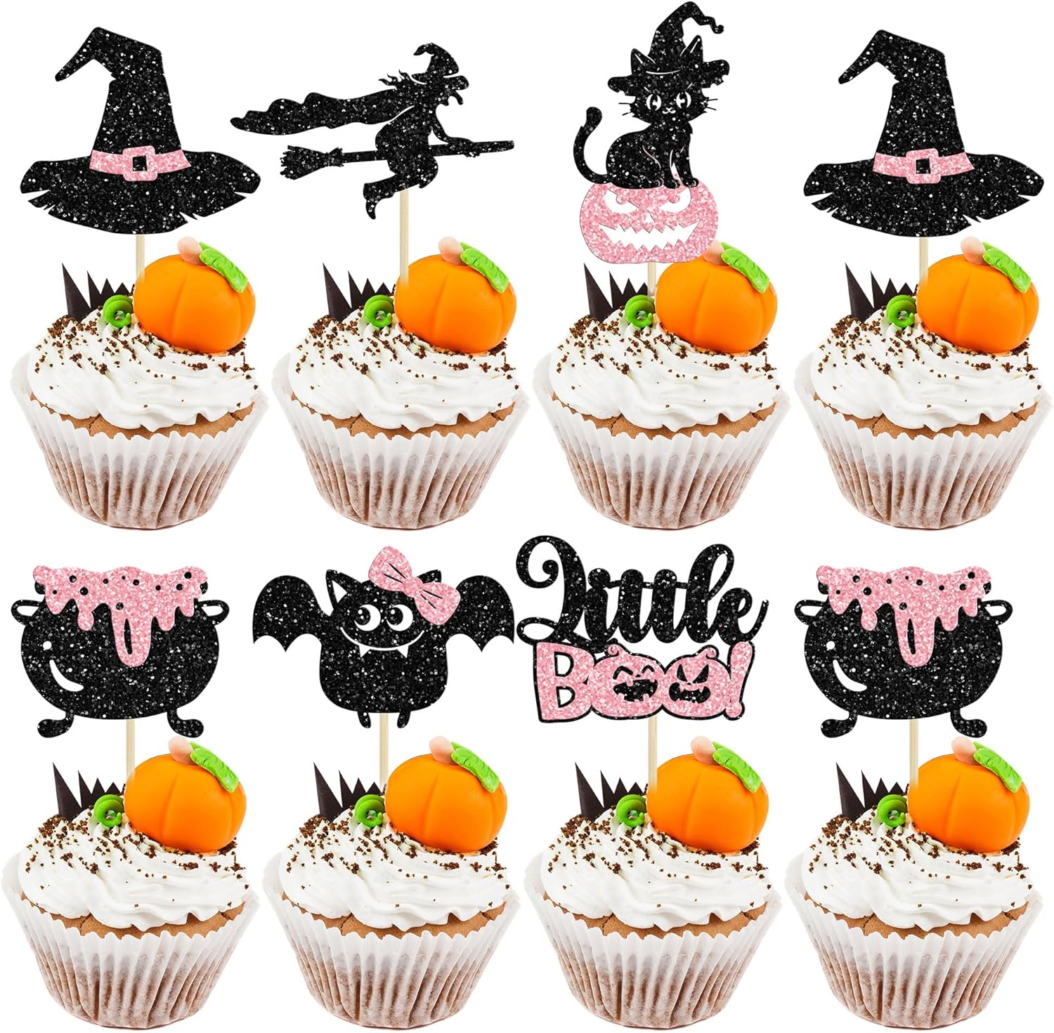 Gyufise 24Pcs Halloween Cupcake Toppers Glitter Pink Ghost Little Boo Bat Witch Cat Pumpkin Cupcake for Halloween Theme Baby Shower Birthday Party Cake Decorations Supplies