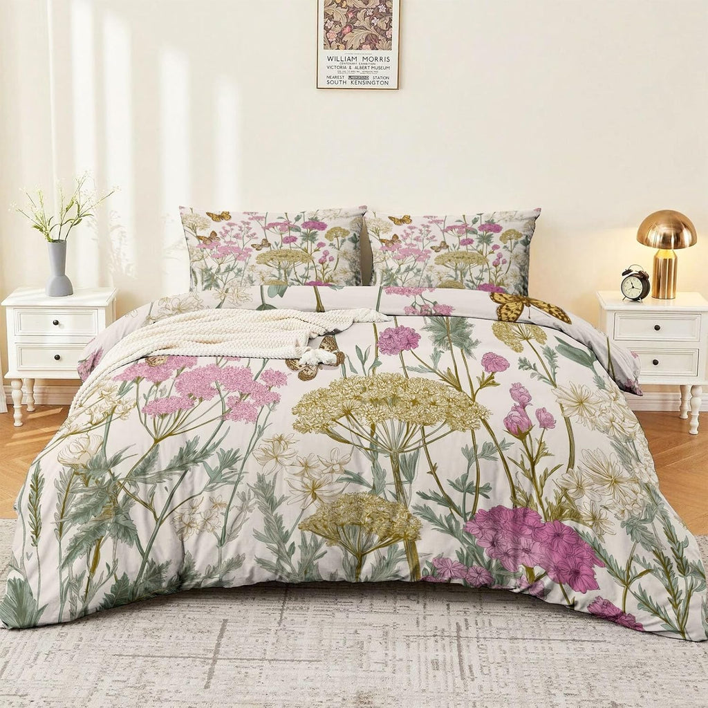 White Reversible Printed Duvet Cover Set Queen Size - 3 Pieces (1 Zipper Closure Duvet Cover with 2 Pillow Shams) - Retro Butterflies Flower Field Ultra Soft Brushed Microfiber