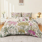 White Reversible Printed Duvet Cover Set Queen Size - 3 Pieces (1 Zipper Closure Duvet Cover with 2 Pillow Shams) - Retro Butterflies Flower Field Ultra Soft Brushed Microfiber