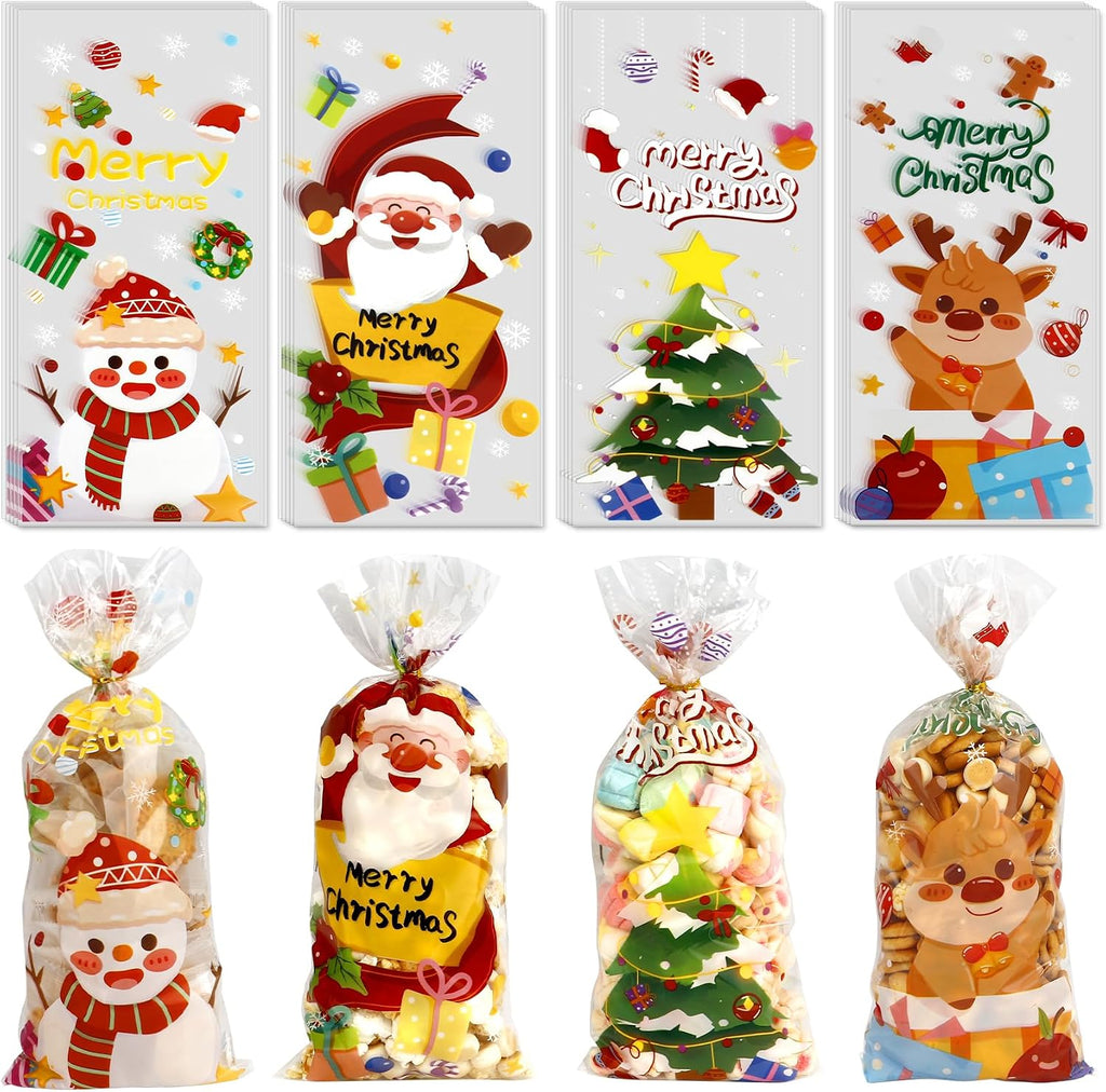100 PCS Christmas Cellophane Treat Bags(5x11 Inch) with Tie, Plastic Christmas Bags for Candy Goodie Goody Cookie Gift Wrap Xmas Santa Pouches Frozen Winter Holiday Party Favors Supplies Decorations