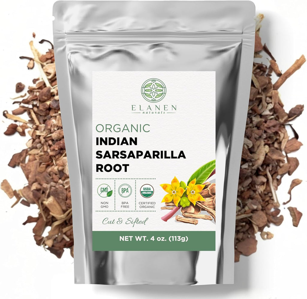 Elanen Naturals Organic Sarsaparilla Root 4 oz. (113g), USDA Certified Organic Indian Sarsaparilla Tea, Hemidesmus Indicus Sasparilla, Sarsparilla, Zarzaparrilla, Cut & Sifted