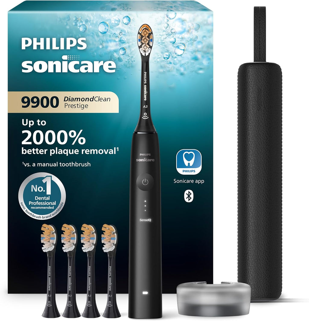 Philips Sonicare DiamondClean 9900 Prestige Electric Toothbrush - with SenseIQ Technology and Advanced AI App, 5 Brushing Modes, 3 Intensity Levels, Charging Travel Case, Quartz Black, Model BD7001AZ