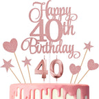 40th Birthday Cake Decorations, 40th Birthday Candles Cake Numeral Candles and Glitter Happy 40th Birthday Cake Toppers Set for Birthday Party Supplies (Rose Gold)